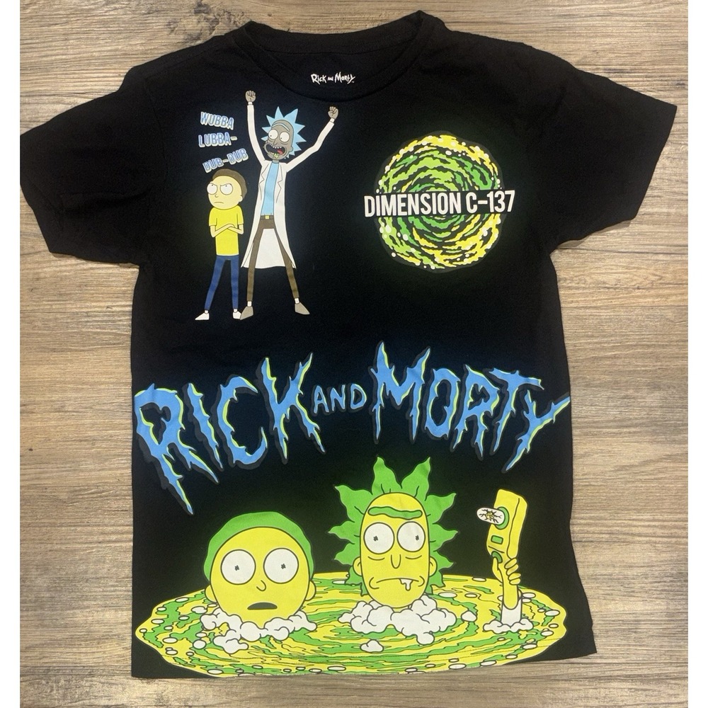 Rick and Morty Dimension C-137 Black Graphic T-Shirt Size M Portal Cartoon Wubba